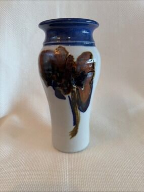 Vintage Art Pottery Hand Thrown Vase Earth Grey Blue Brown Tones 8.25" Tapered